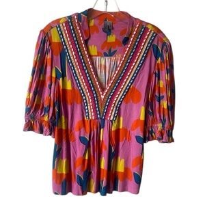 Anthropologie Blank London Pink Orange Print Embroidered Short Sleeve Top XS